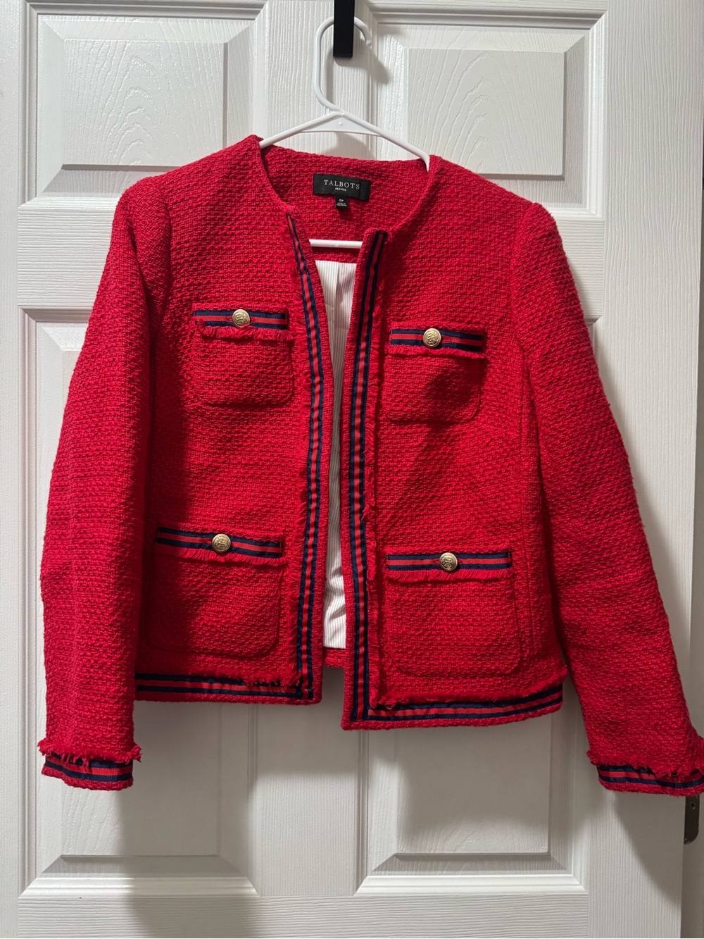 Talbots Red Tweed Collarless Button-Front Jacket with Navy Trim